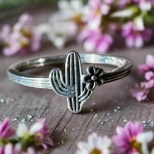 Cactus & Flower Dainty Sterling Silver Ring Sizes 4-10 Sterling Silver .925